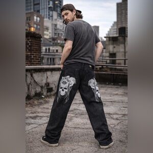 Game Time y2K black denim baggy jeans embroidered skulls oversized fit size 36